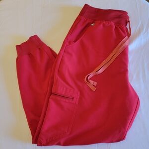 Figs Women's Track Joggers in Bright Red with Pink Drawstrings